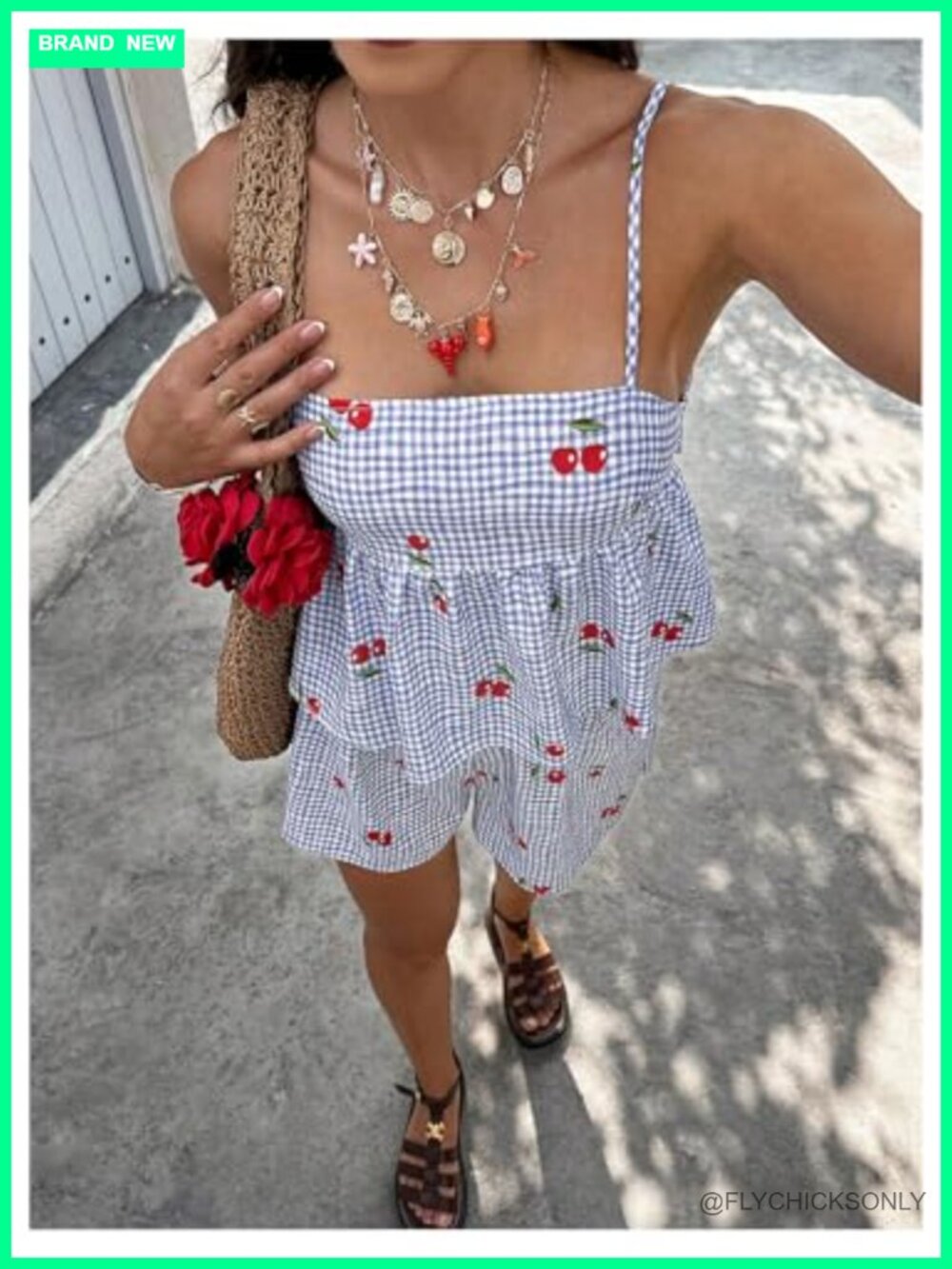 2 Piece Gingham Cherry Print Babydoll Camisole Shorts Set Summer Outfit - Picture 4 of 5